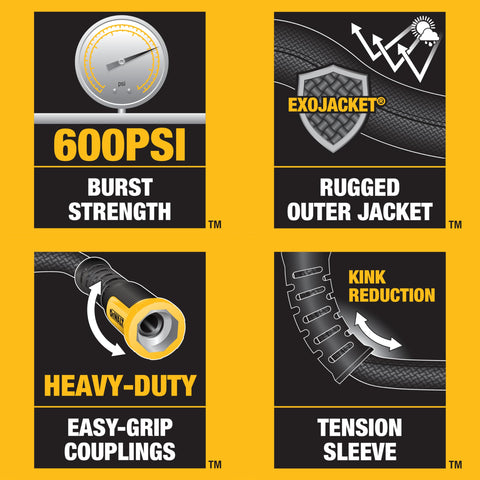 DEWALT high-flow performance hose suitable for demanding watering tasks.