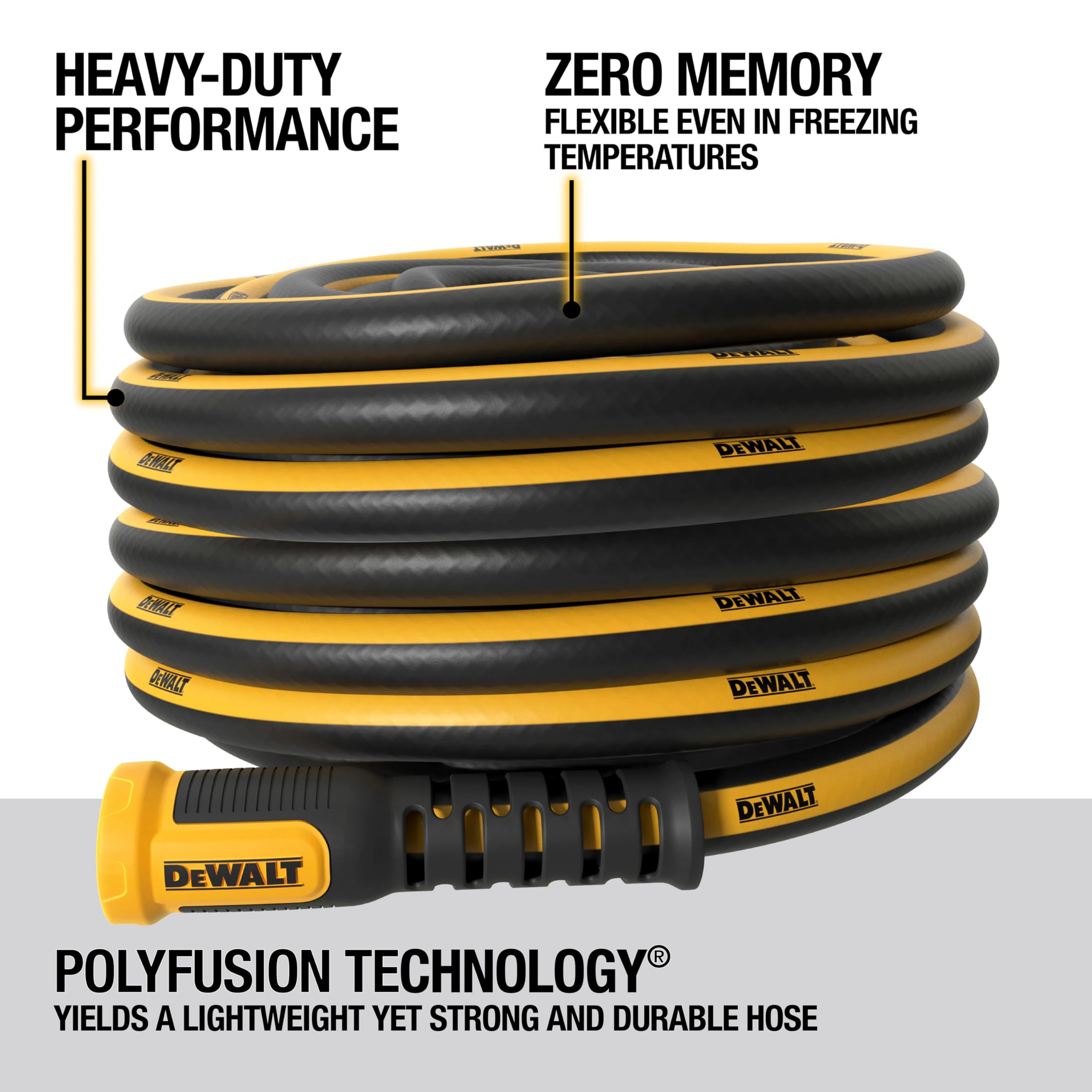DEWALT hose with anodized couplings for quick connections and hassle-free use