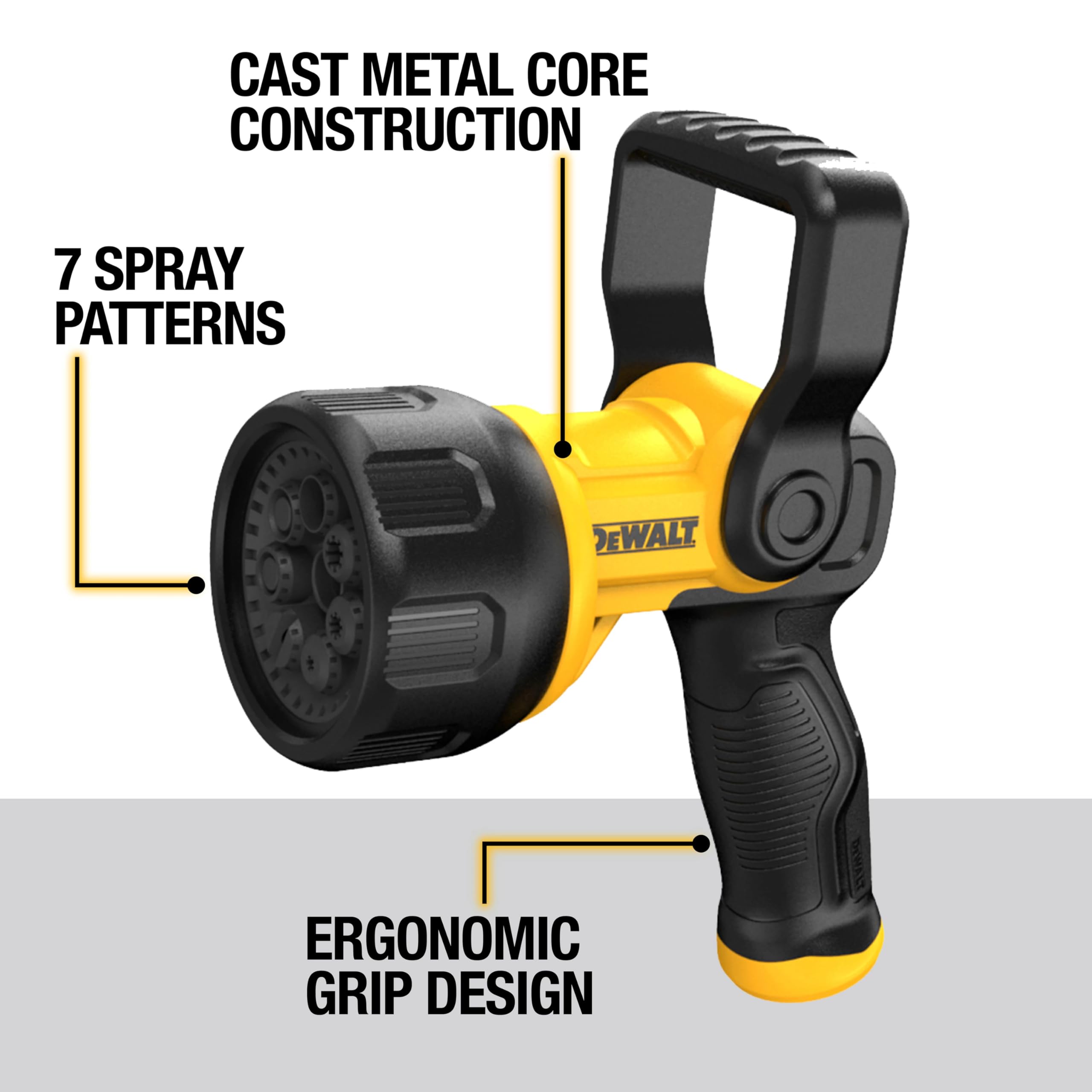 Ergonomic grip on the DEWALT nozzle promotes comfortable extended watering sessions
