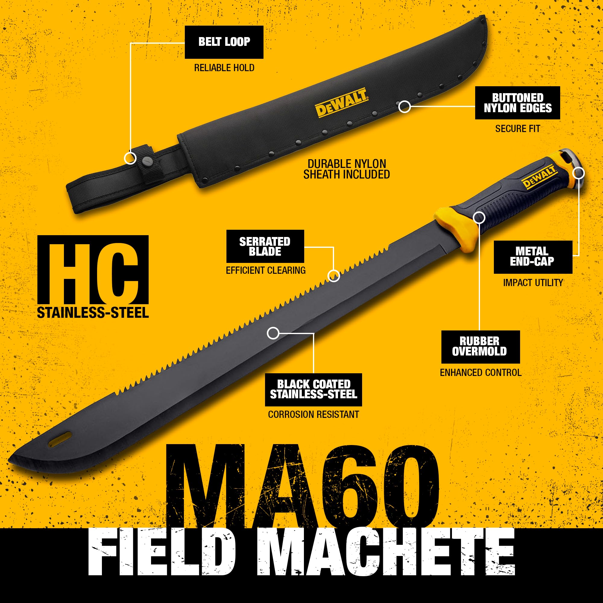 DEWALT MA60 non-slip handle provides secure grip and control.