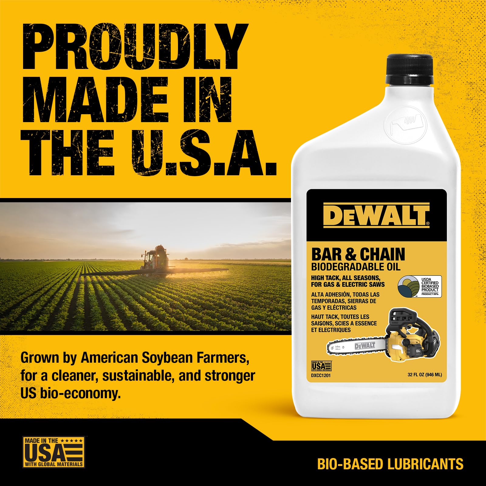 DEWALT pole saw and chainsaw oil enhances cutting performance under heavy use.