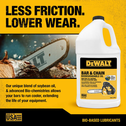 Pole saw lubrication with DEWALT oil reduces wear.