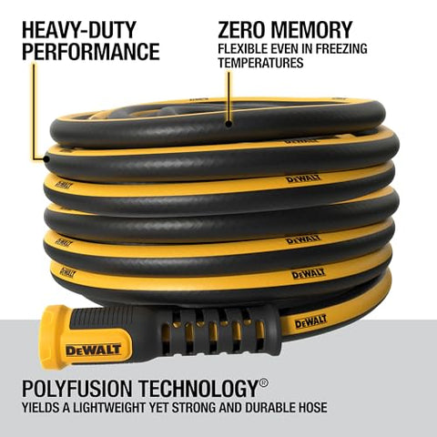 DEWALT hose shows anodized aluminum couplings for quick connections.
