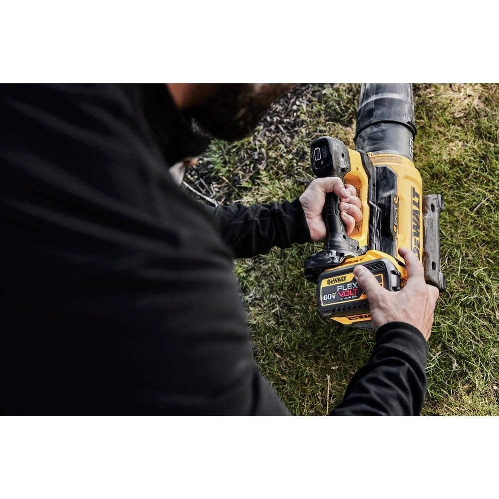 DEWALT Shell DW 60V Premium Blower demonstrates debris clearing on a path