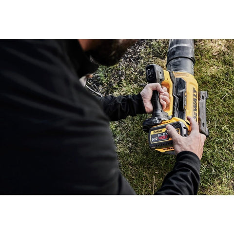 DEWALT Shell DW 60V Premium Blower demonstrates debris clearing on a path