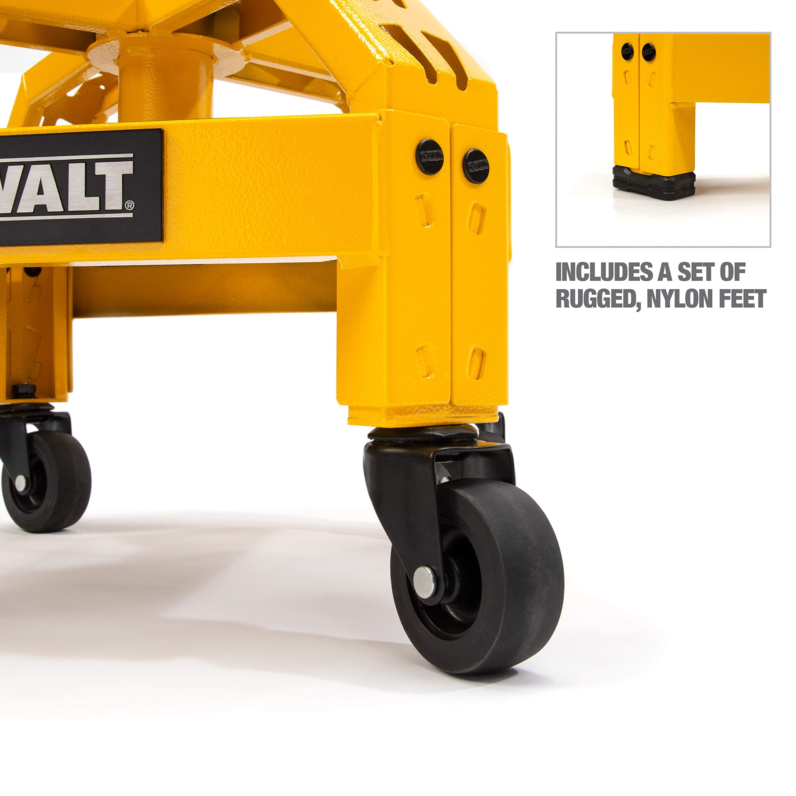 DEWALT heavy duty stool with rolling casters and protective nylon feet for versatile use.