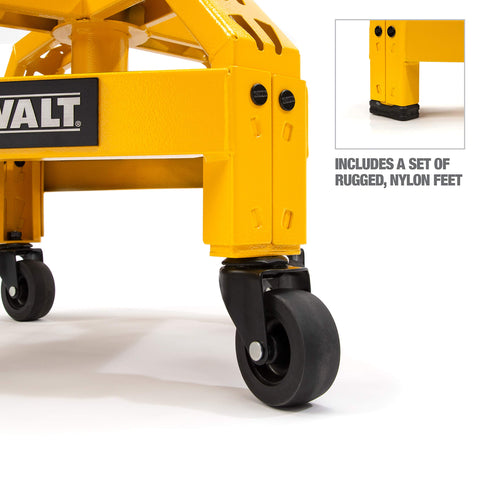 DEWALT heavy duty stool with rolling casters and protective nylon feet for versatile use.