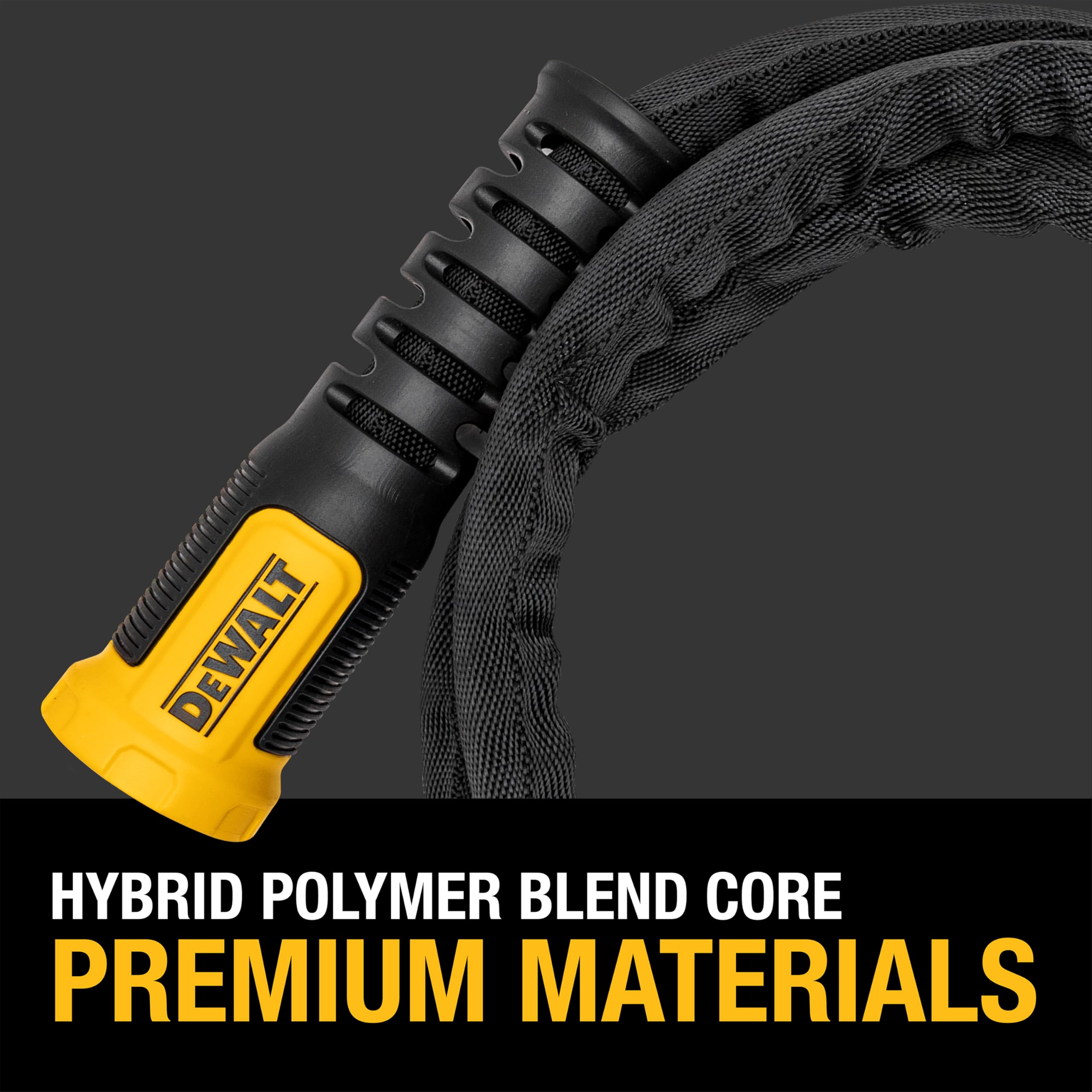 DEWALT strain-relief tension sleeve protects inner hose and flow.