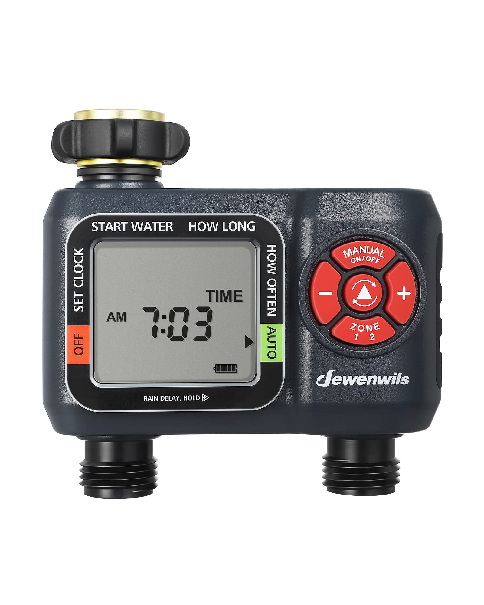 DEWENWILS 2-zone timer with LCD display for precise watering control.