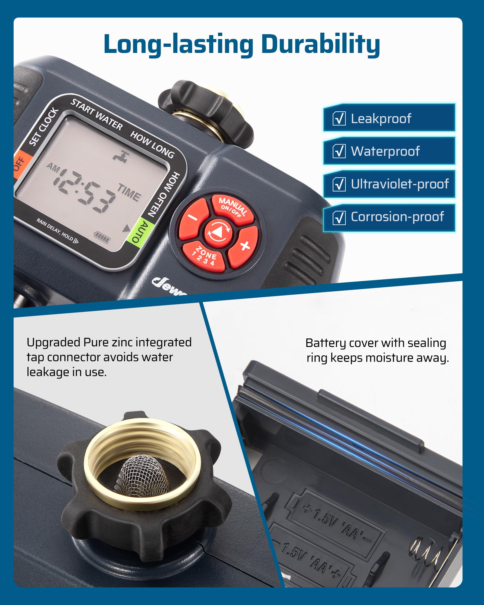 DEWENWILS four-zone control buttons allow independent schedules.
