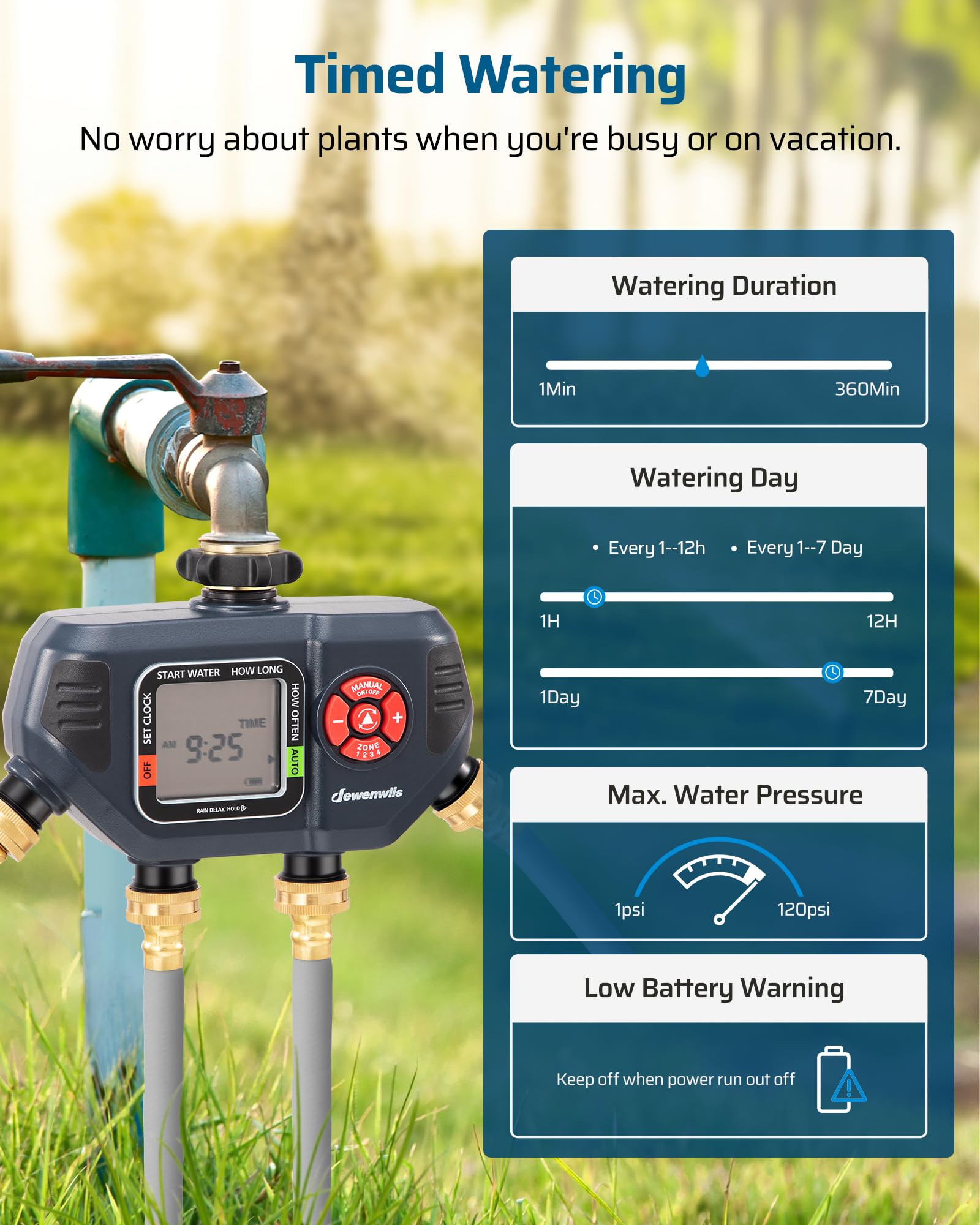 DEWENWILS outdoor faucet timer installed for easy irrigation control.