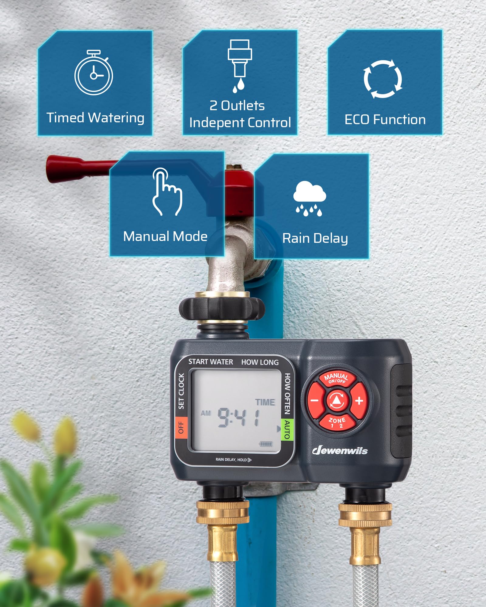 Outdoor timer showing rain-delay feature to protect plants from rain.