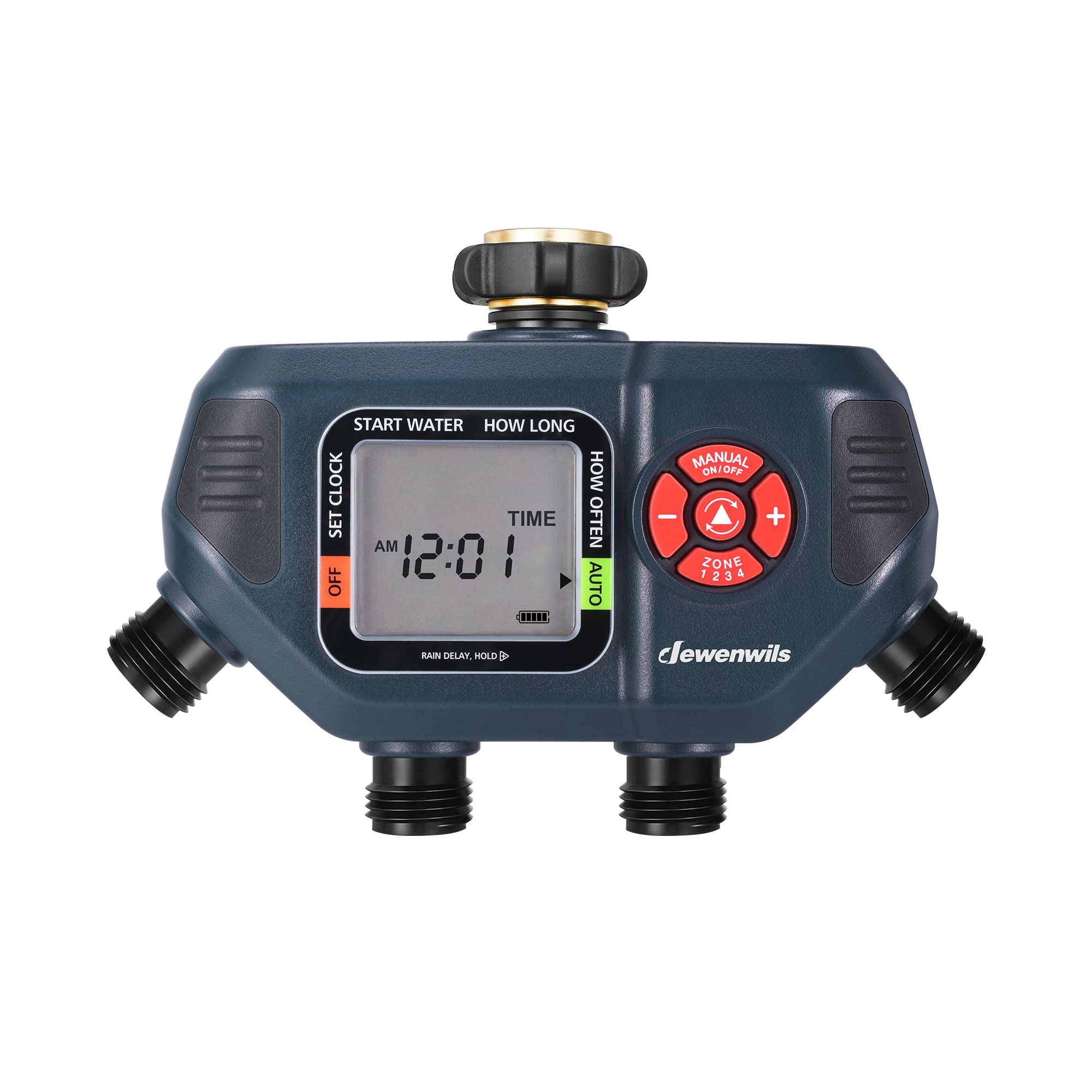 DEWENWILS sprinkler timer four-zone display for precise lawn scheduling.