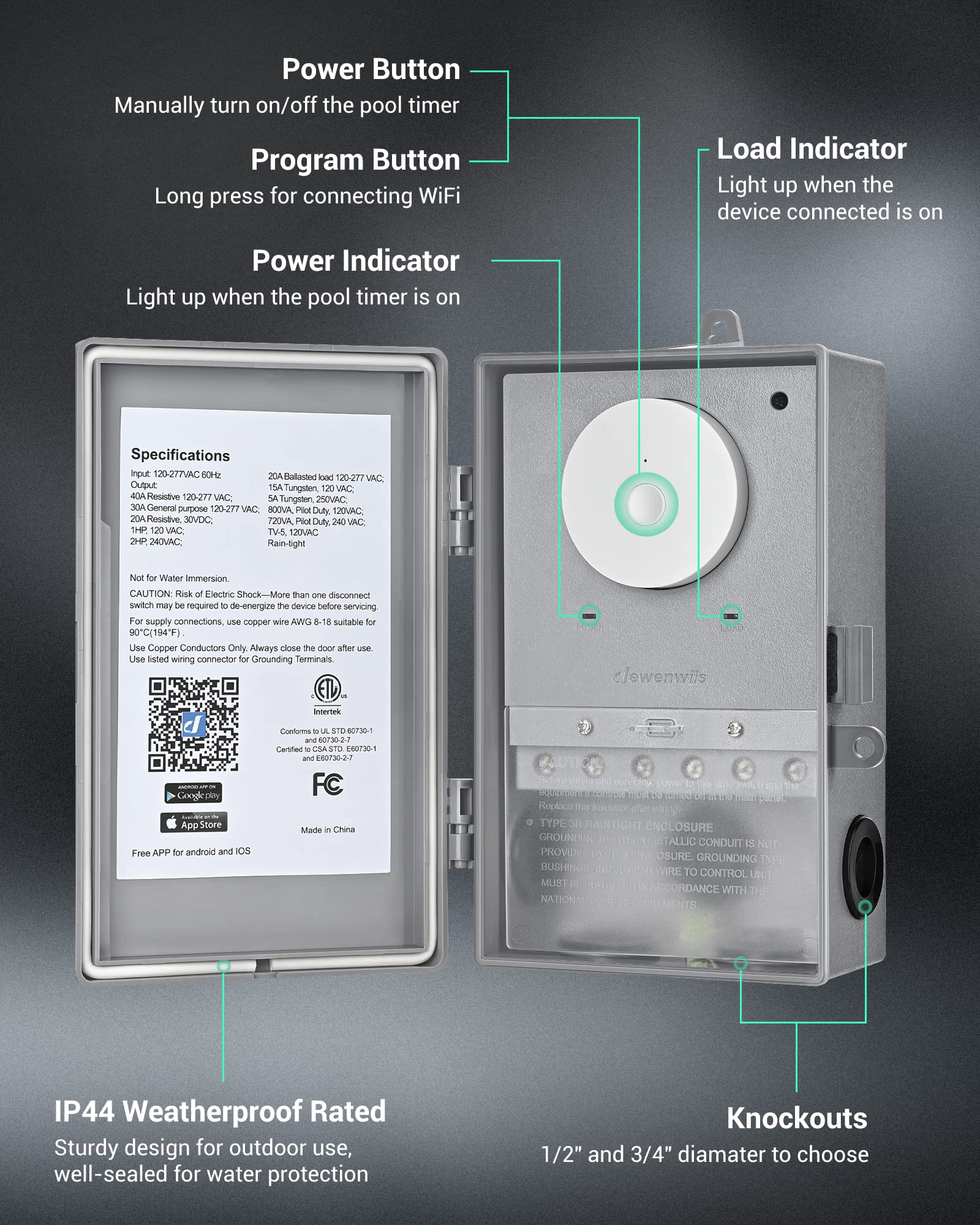 DEWENWILS timer specifications graphic shows 40A capacity and ETL listing.