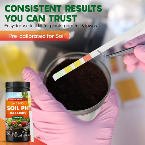 Bottle with pH strips showing portable soil testing availability.