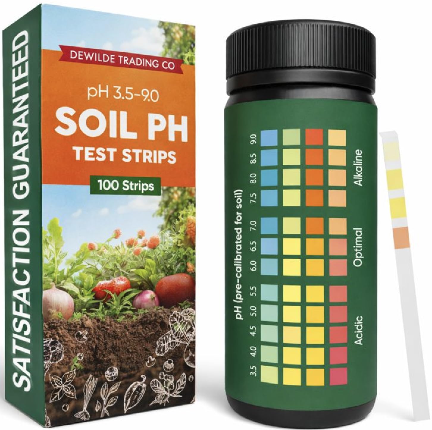 Dewilde Trading Co soil pH test kit with 100 strips and color chart for quick garden readings.
