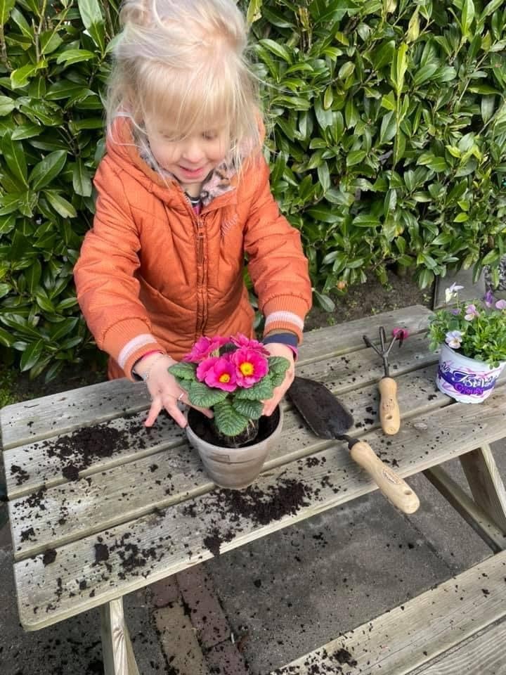 DeWit planting scene shows trowel easing root placement and soil work.