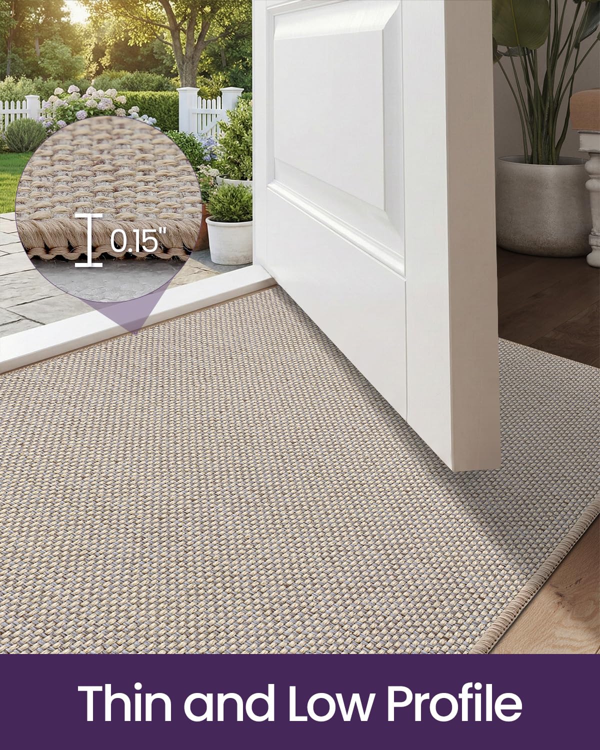 Dexi beige indoor mat features a low-profile design that fits most doors.
