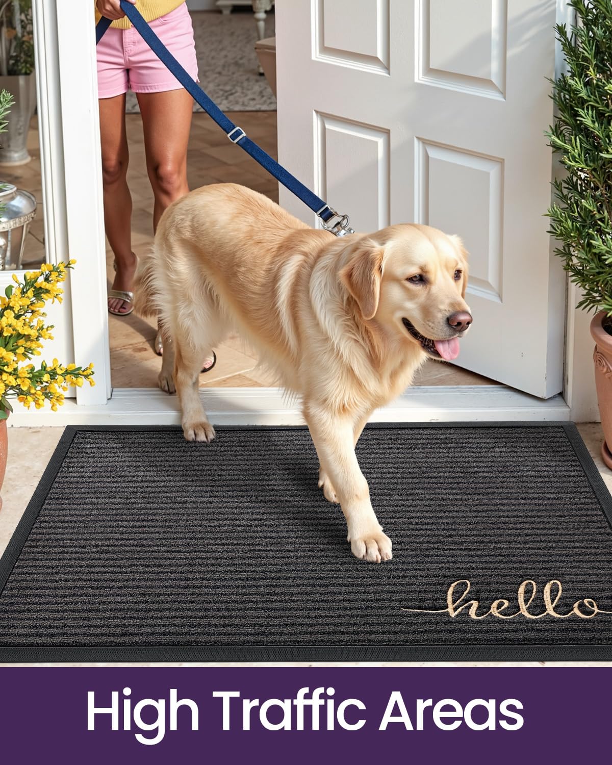 DEXI exterior patio mat in Hello Grey adds subtle curb appeal.