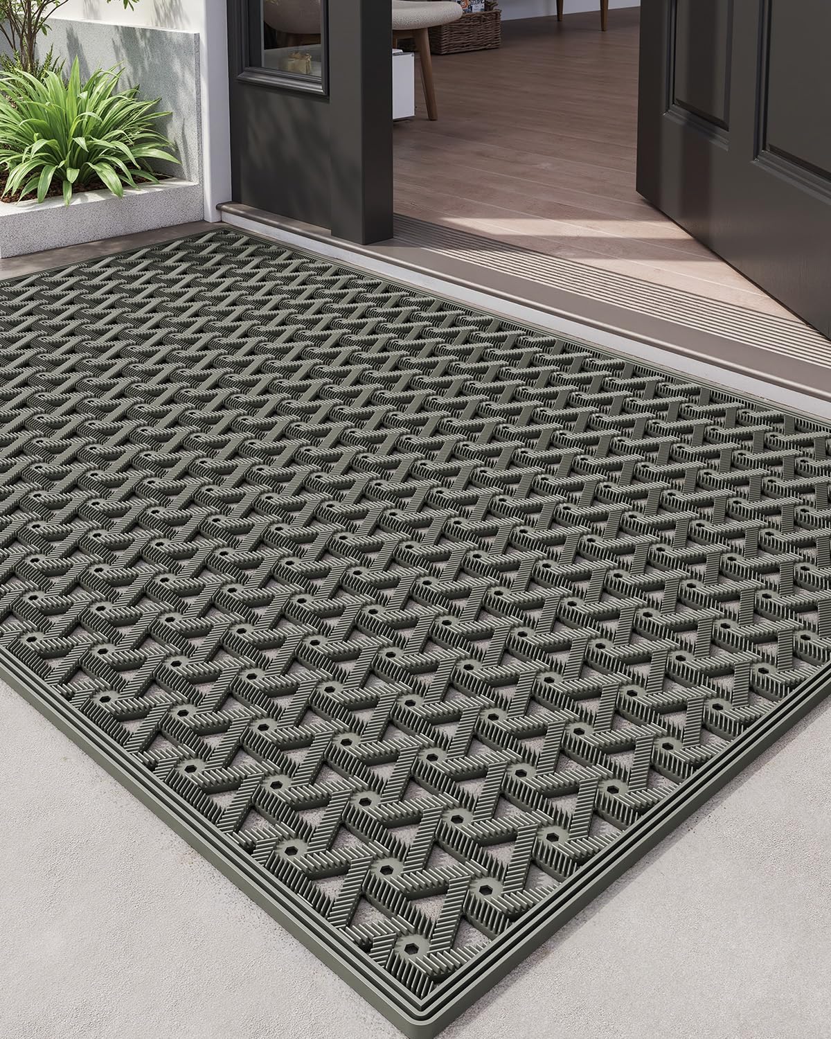 DEXI front door mat outdoor rectangle 32x48 grey helps trap dirt at the door.
