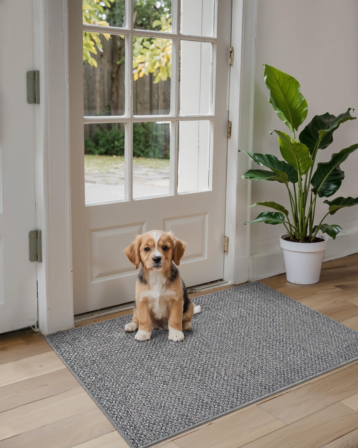 DEXI grey mat complements any entryway decor and style.