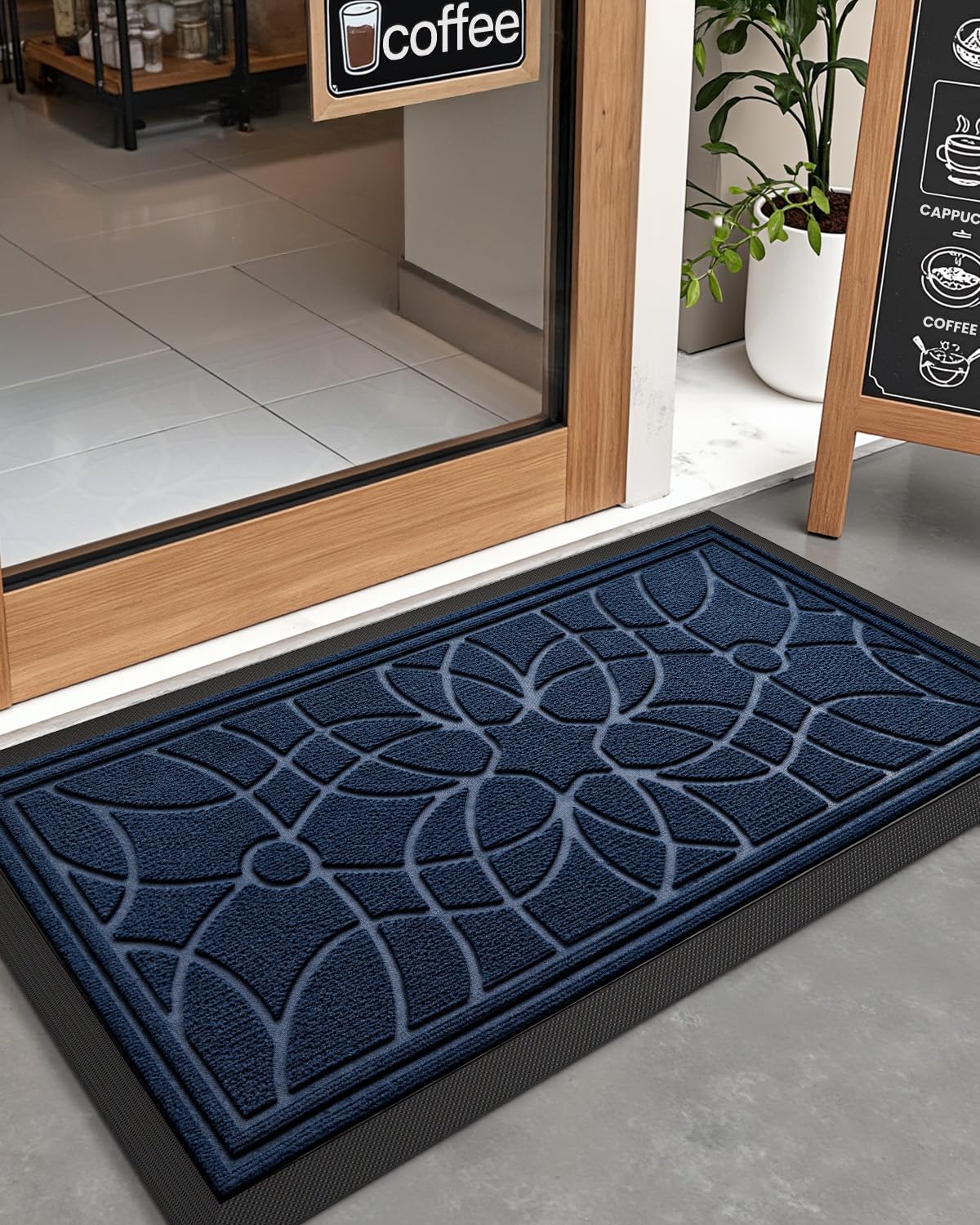 DEXI blue doormat handles heavy foot traffic reliably