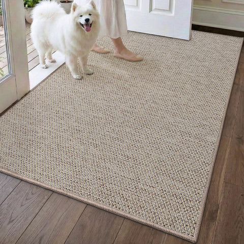 DEXI ultra thin door mat beige weave texture traps dirt and moisture.