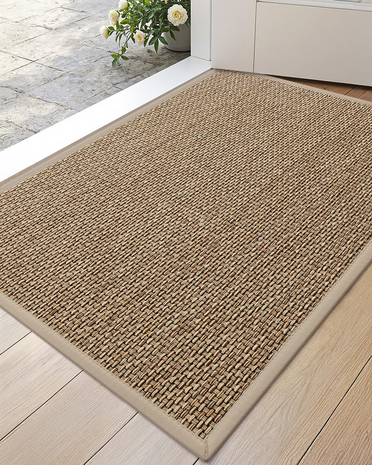 DEXI Ultra Thin Entryway Mat in beige traps moisture and dirt