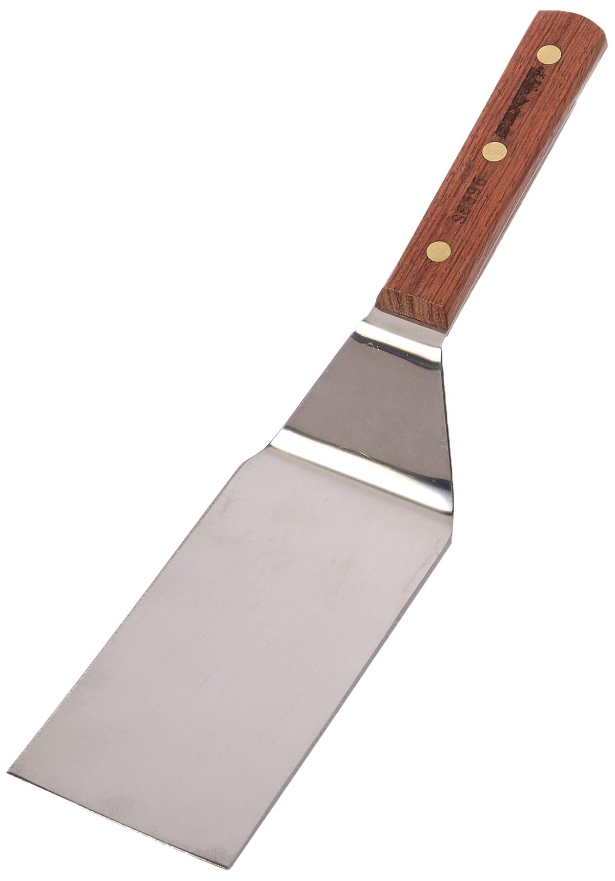 Dexter-Russell traditional hamburger turner blade delivering precise flips on a hot grill.