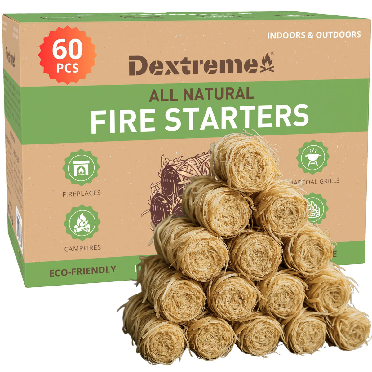 Dextreme Fire Starter 60-pack in box, ready for quick ignition.