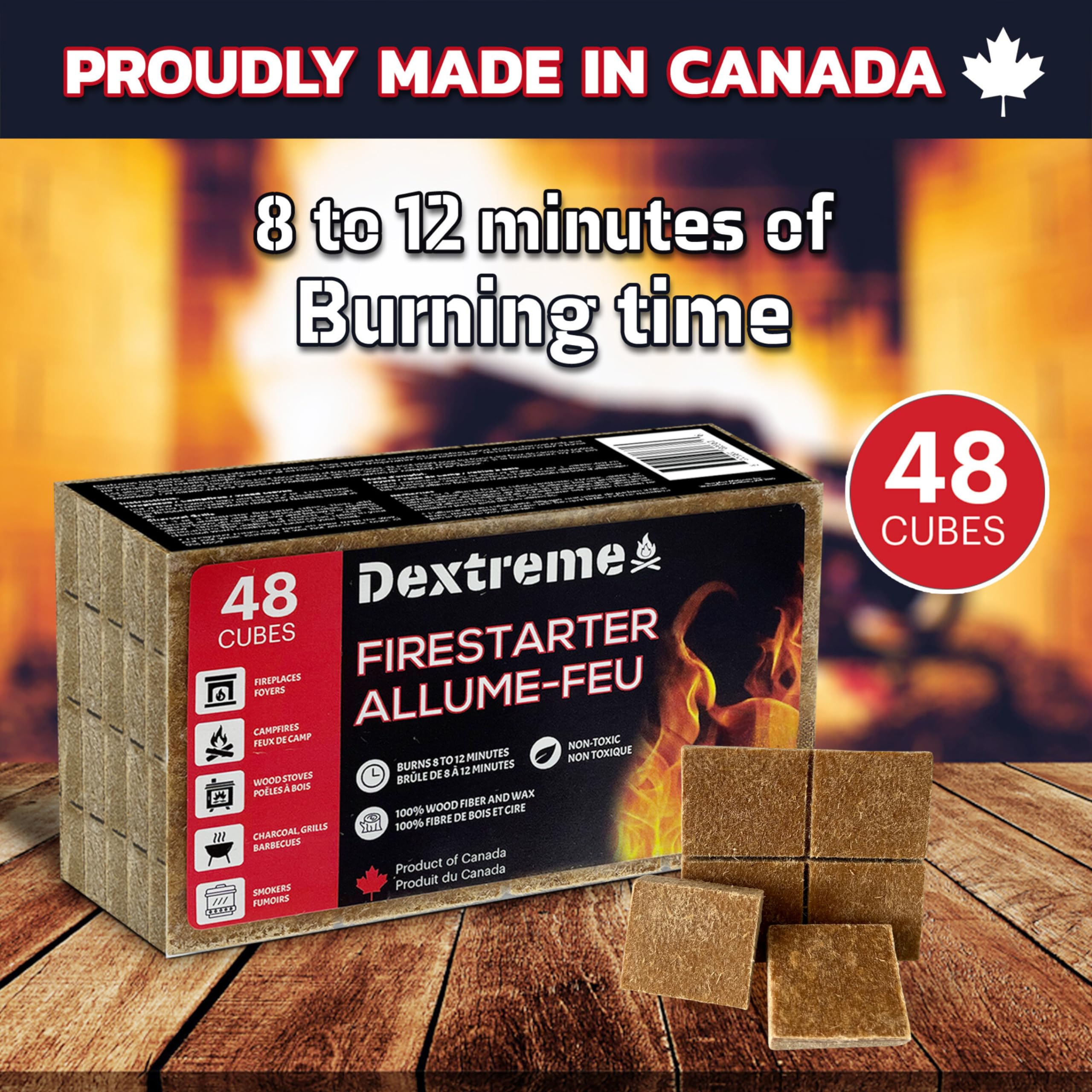 Dextreme fire starter cubes on kindling for fast ignition
