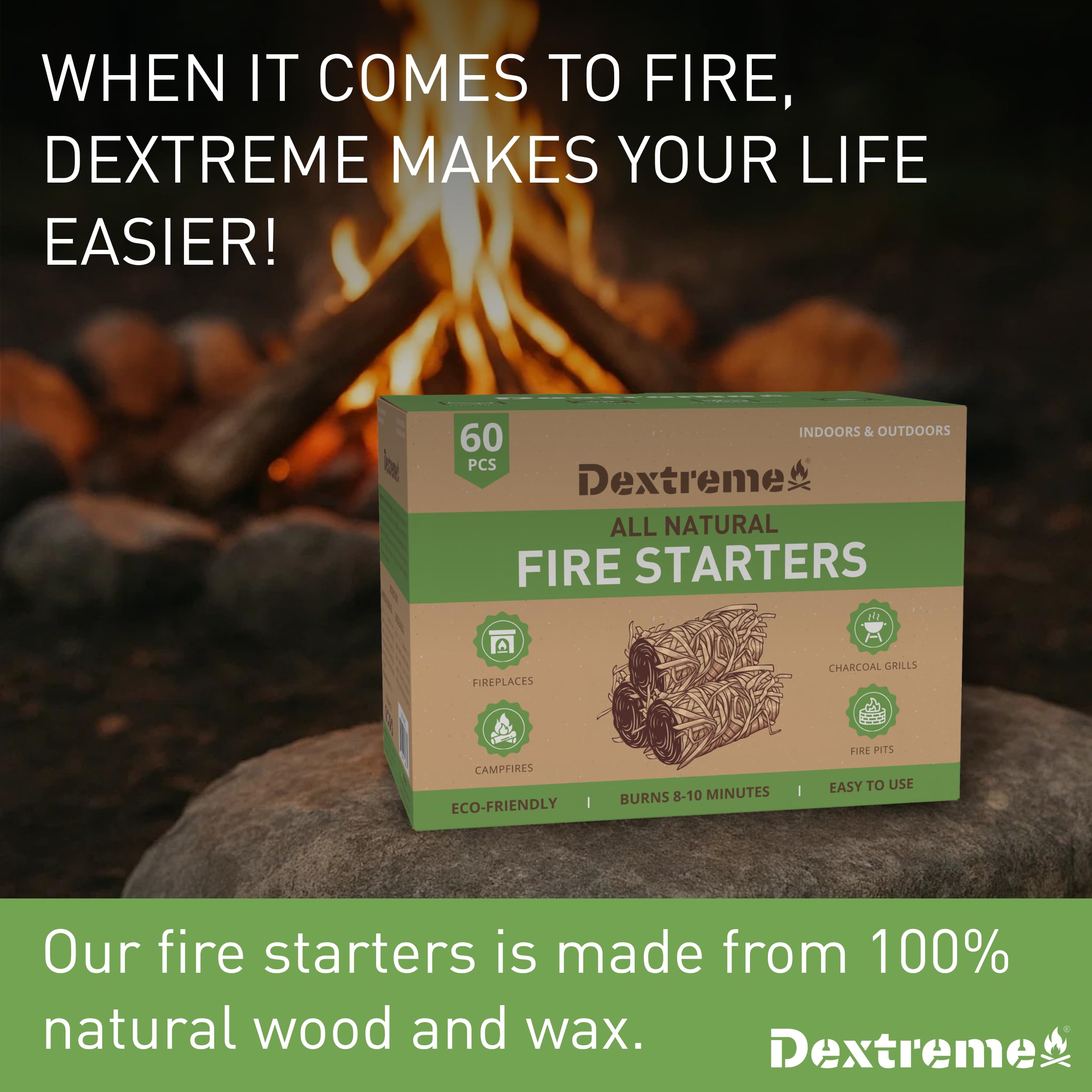 Dextreme Fire Starter with natural wax and wood wool for a safe, odor-free burn.