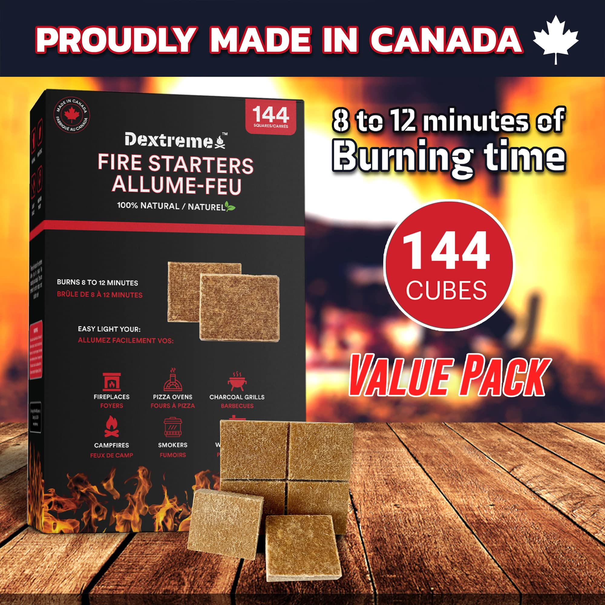 Dextreme fire starter pack 144 squares ready for grill and fireplace