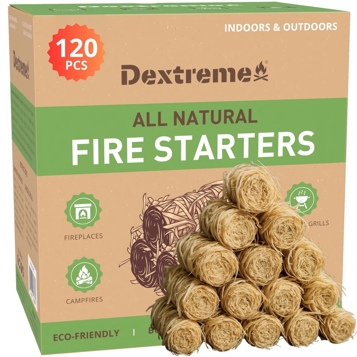 Dextreme Fire Starter package cover shows all-weather usability for quick fires