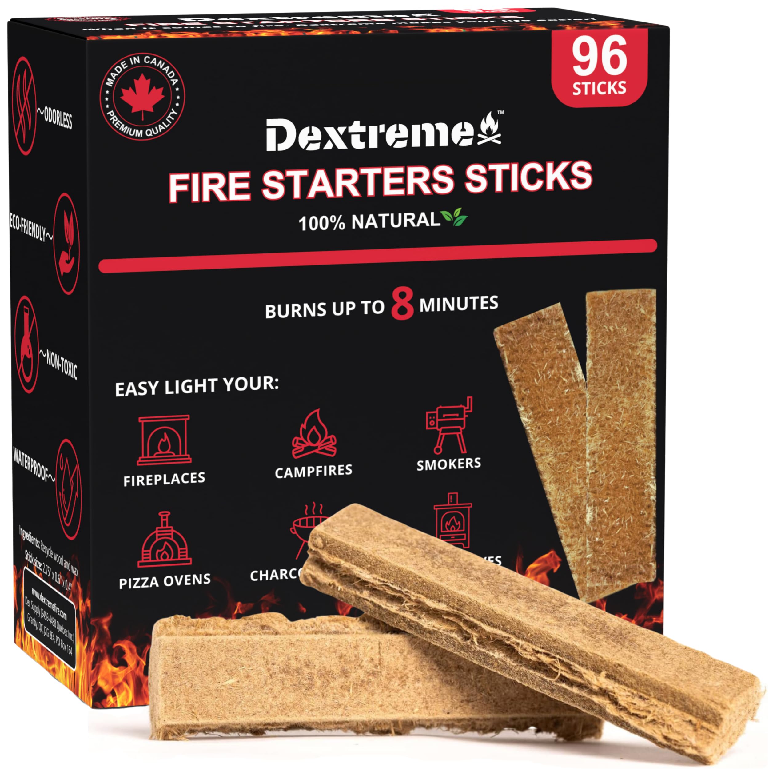 Dextreme Fire Starters Sticks 96-pack ready for quick, odorless flames.