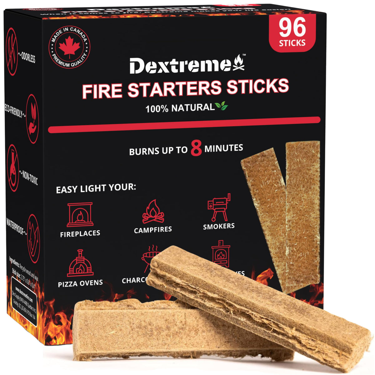 Dextreme Fire Starters Sticks 96-pack ready for quick, odorless flames.