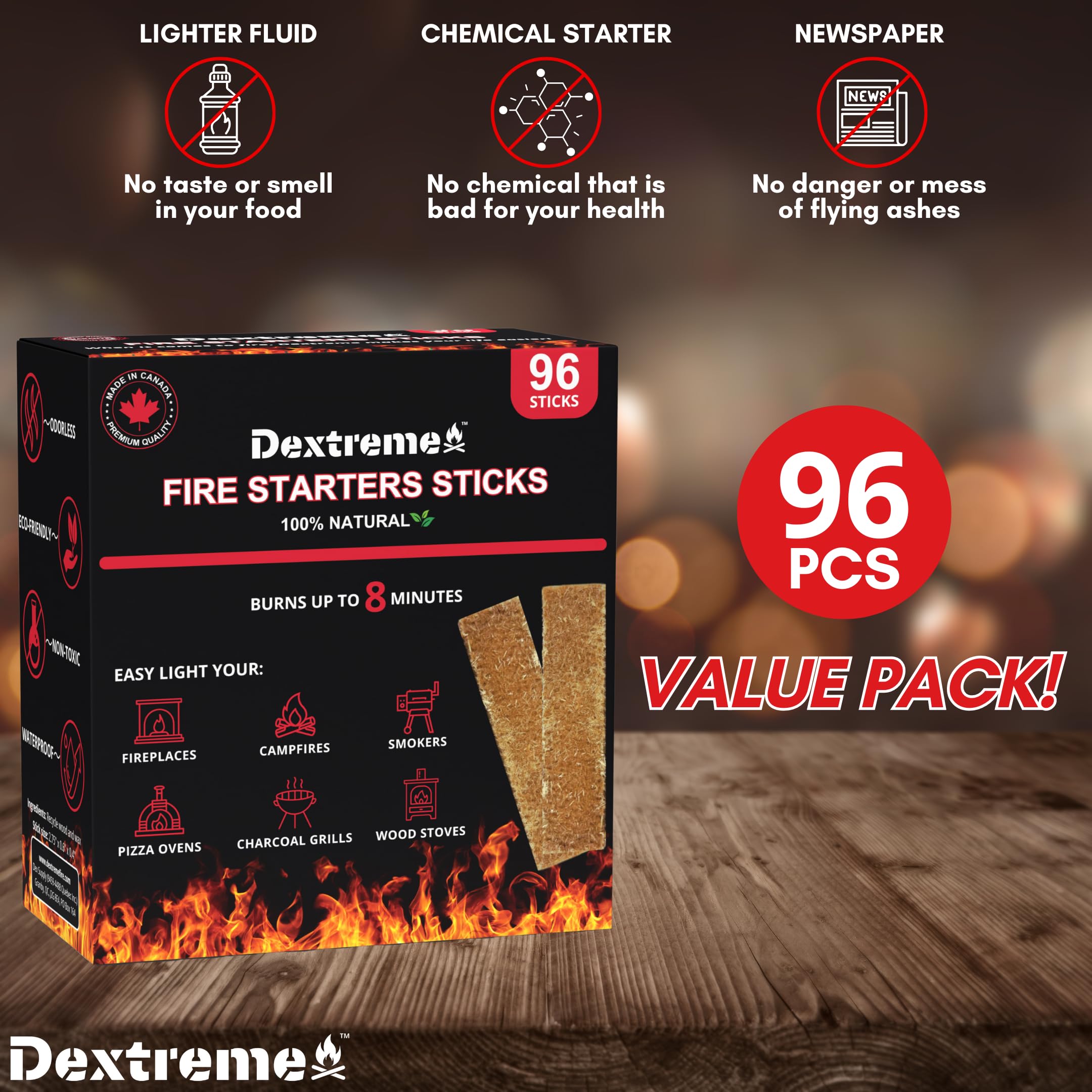 Dextreme Fire Starters Sticks outdoors beside a campfire for easy ignition.