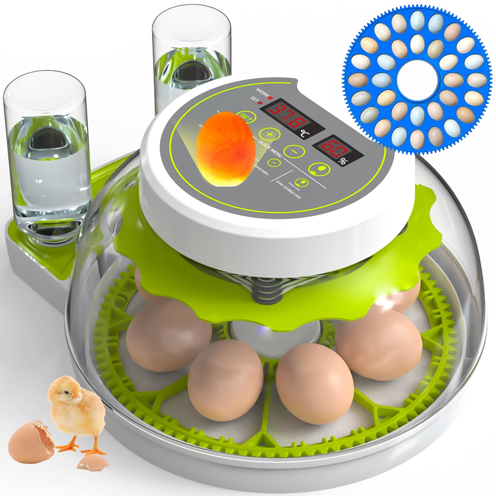 DEZHXHE egg incubator front view, ideal for home hatching of chicken, duck, and quail eggs.