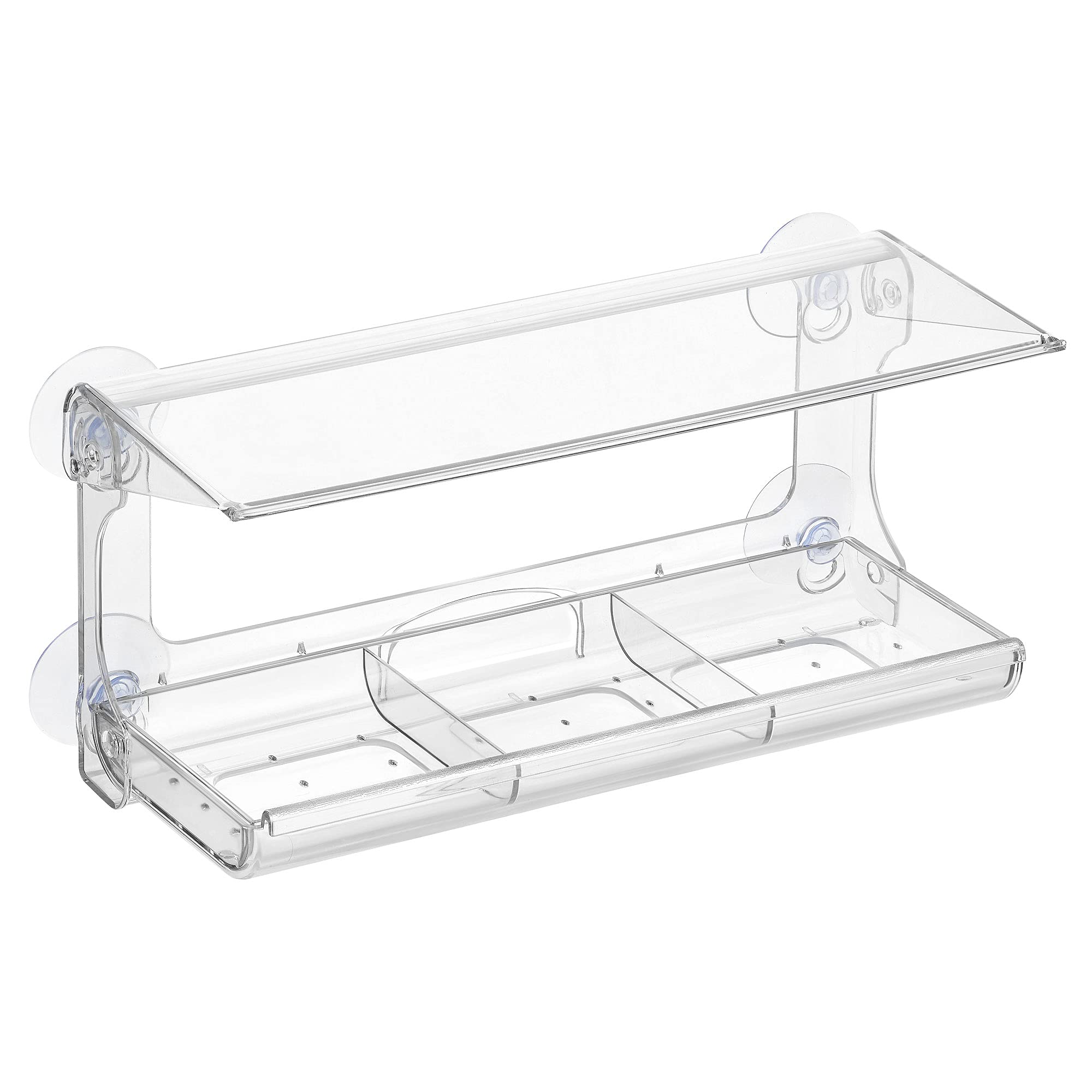DF OMER clear acrylic feeder with roof cover protecting seeds and keeping them dry.