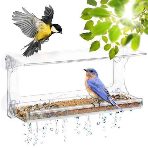 DF OMER window bird feeder with three-section tray viewed from outside for close-up observation.