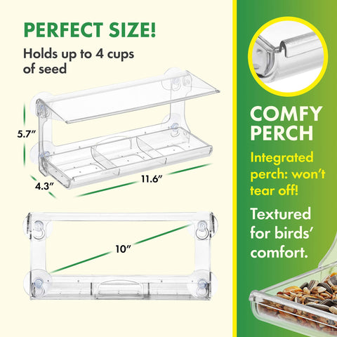 DF OMER clear window feeder enables family viewing of birds in action.