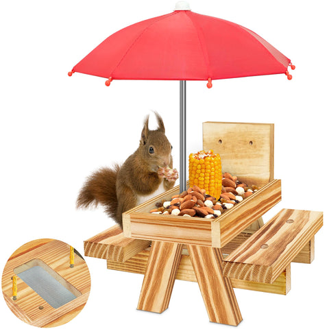 DFANG carbonized wood squirrel feeder with umbrella offering shade for outdoor visits