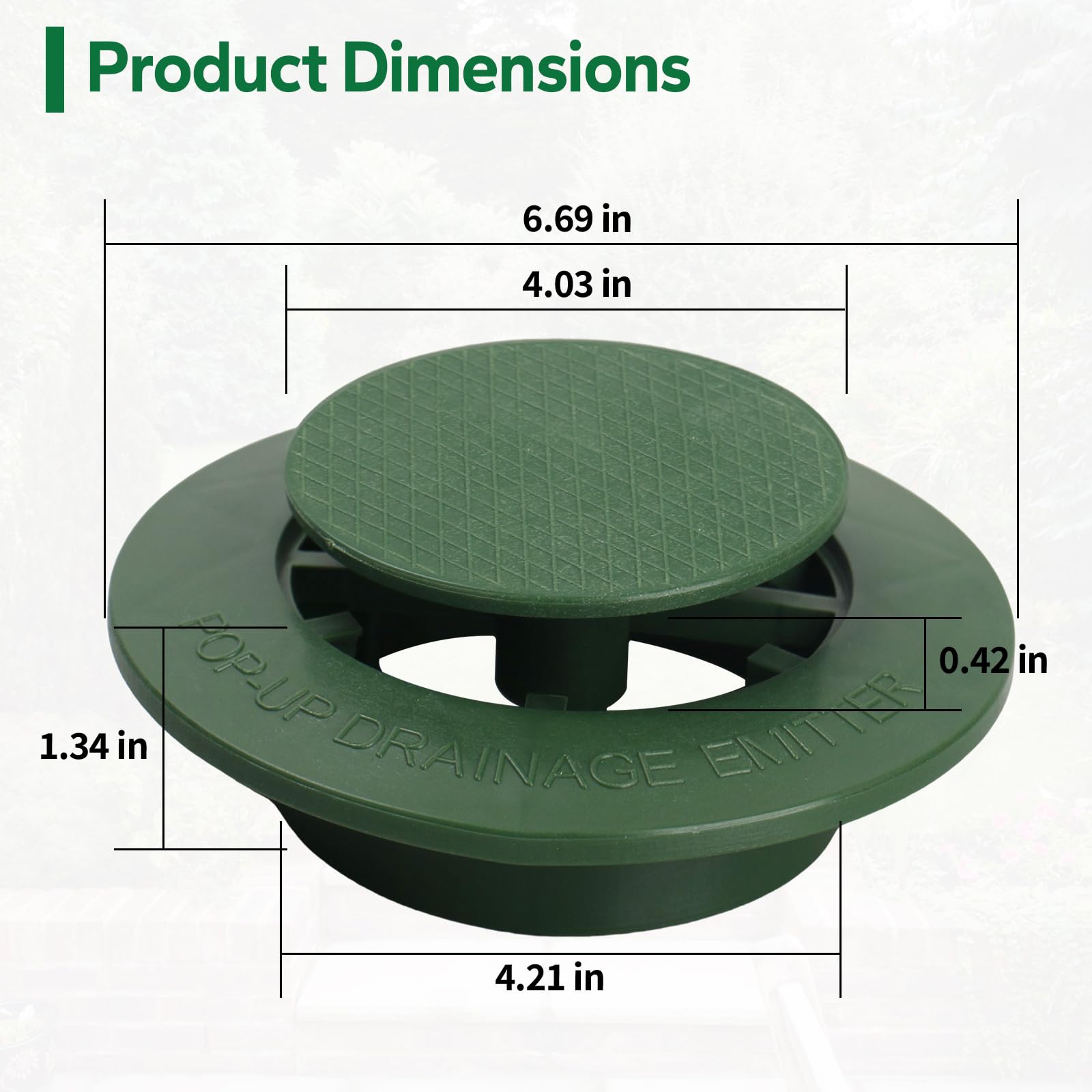 Dfnidy green lawn drainage emitter with round flange preventing grass obstruction.