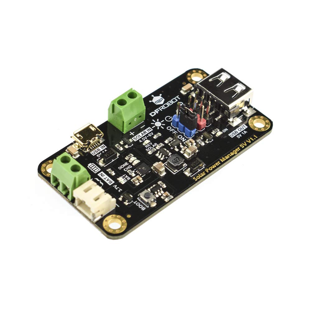 DFROBOT 900mA MPPT controller side ports for USB and DC-DC outputs.