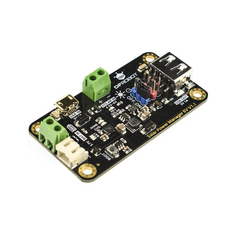 DFROBOT 900mA MPPT controller side ports for USB and DC-DC outputs.