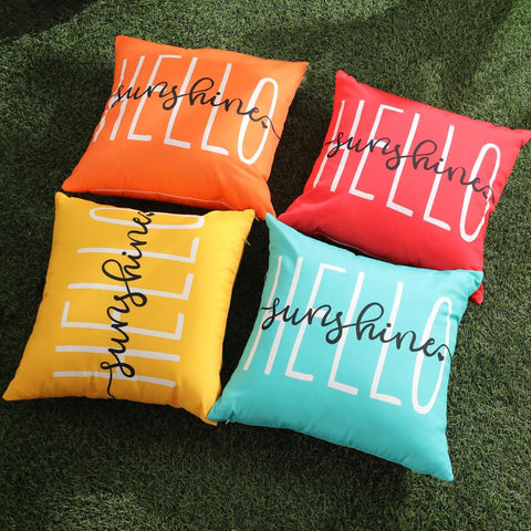 DFXSZ Hello Sunshine outdoor decor on patio furniture setup.