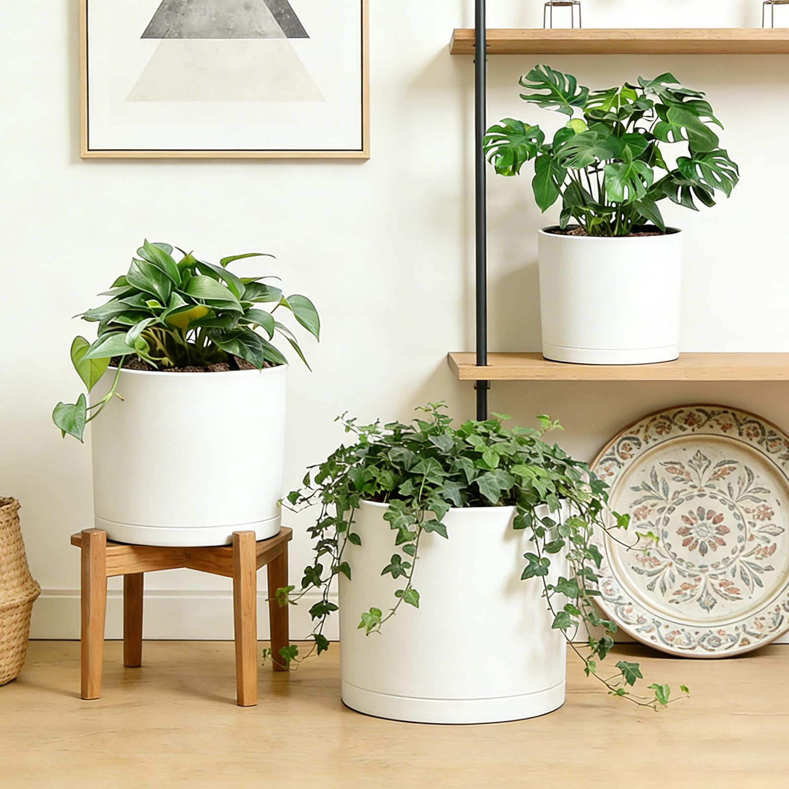 DGJDLWHX large 9-inch white pot with brown base, ideal for larger foliage.