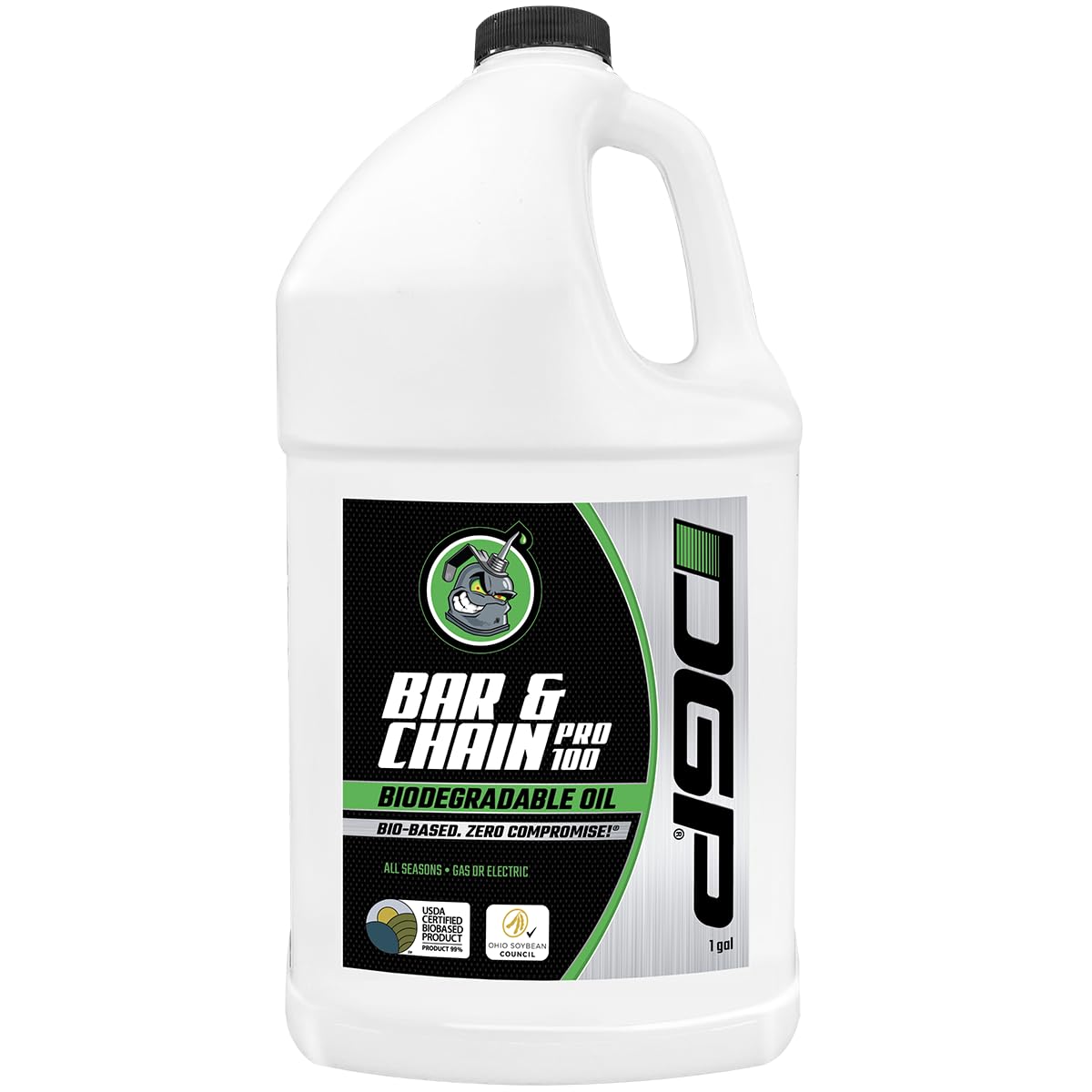 DGP Pro100 biodegradable bar oil bottle pouring to reduce sling and protect chain.