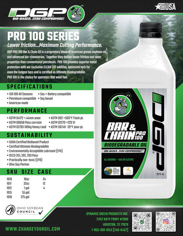 DGP Pro100 bar oil in use on a forest chainsaw for stable operation in extreme temperatures.