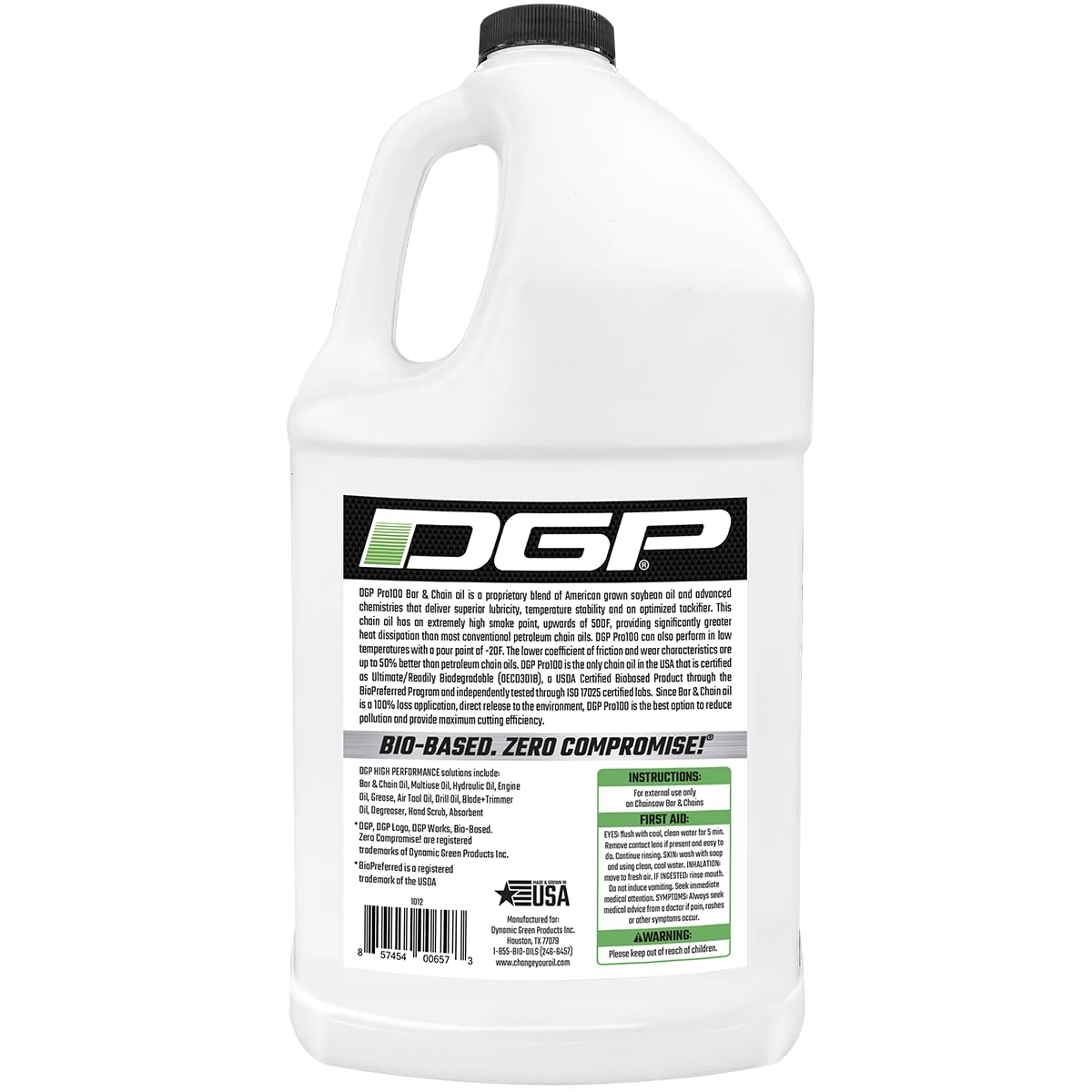DGP Pro100 eco-certified bar oil label highlighting USDA biobased and biodegradable features.